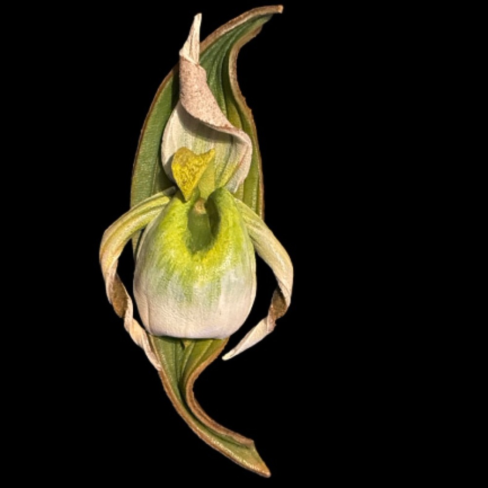 Unique Green and White Floral Leather Pin Brooch - Orchid/ Jack in the Pulpit